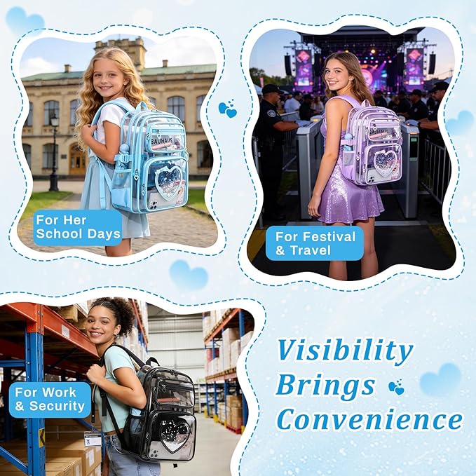 Clear Backpack for School Girls, Cute Heavy Duty PVC Transparent Bookbag, See-Through Bag for Stadium Event Blue