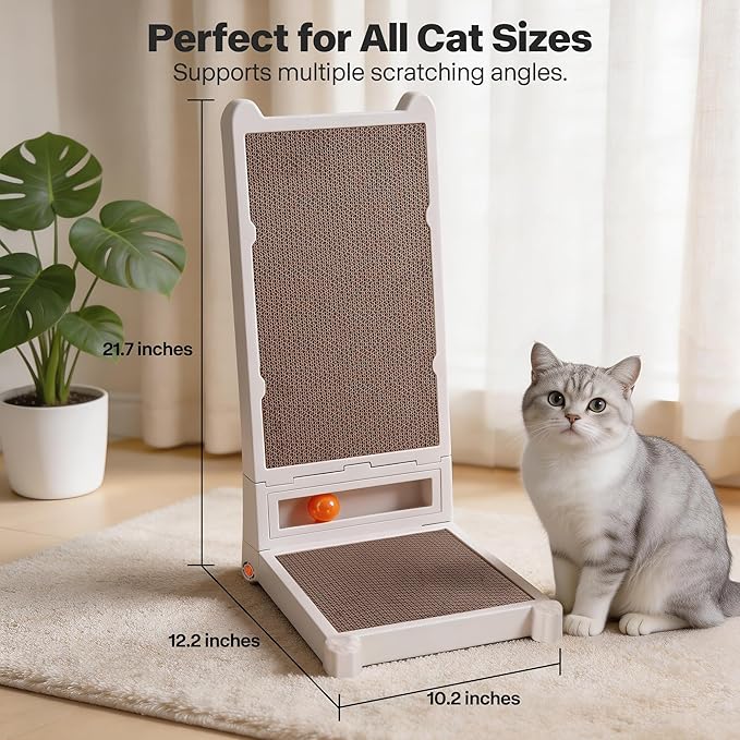 Foldable L-Shaped Cat Scratcher with Ball Track Toy, No Assembly Cat Scratch Pad with 4 Shapes, Reversible & Replaceable Cardboard Scratching Board for Indoor Cats