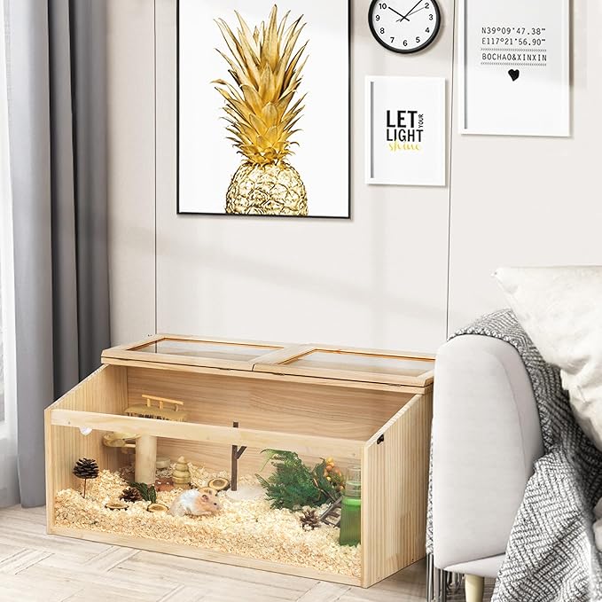 COZIWOW Wooden Hamster Cage, Large Hamster Habitats Enclosure with Acrylic Window & Openable Top, (32" L x 16" W x 16" H) Small Animal Cage for Guinea Pig, Chinchilla, Gerbil