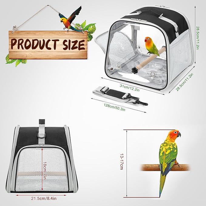 Small Bird Carrier, Large Window Travel Cage with Stand and Easy Clean Tray for Parrot Parakeet Cockatiels, Lightweight and Portable, Black
