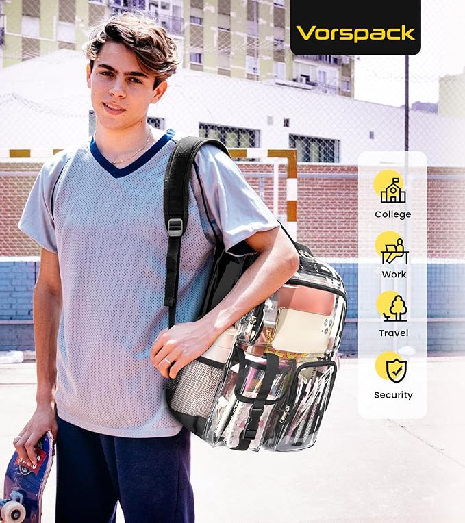 Vorspack Clear Backpack for School - Heavy Duty Transparent Bookbag for Girls Boys Large See Through backpacks for Work, College, Travel - Black