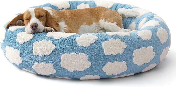 Lesure Shown on TV Donut Dog Beds Large Sized Dog - Round Pet Beds for Calming Puppy with Washable Cover, Orthopedic Modern Home Decor Beds with Jacquard Shaggy Plush & Anti Slip Bottom, 33 Inch,Blue