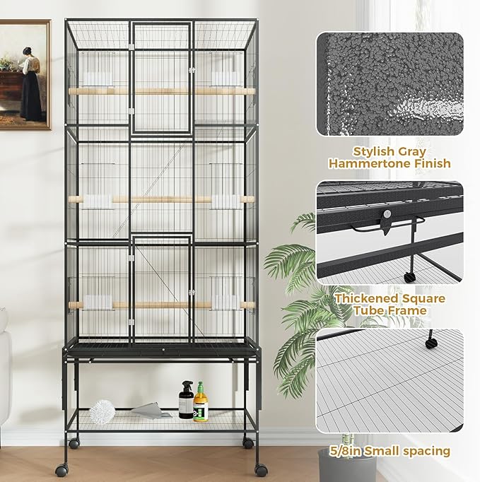69" H Large Bird Cage, Bird Cage with 3-Tier Platforms, Ladders, Perches, Feeder, Wide Birdcage for Parakeets, Conures, Lovebirds, Quaker, Cockatiels, Budgie, Black