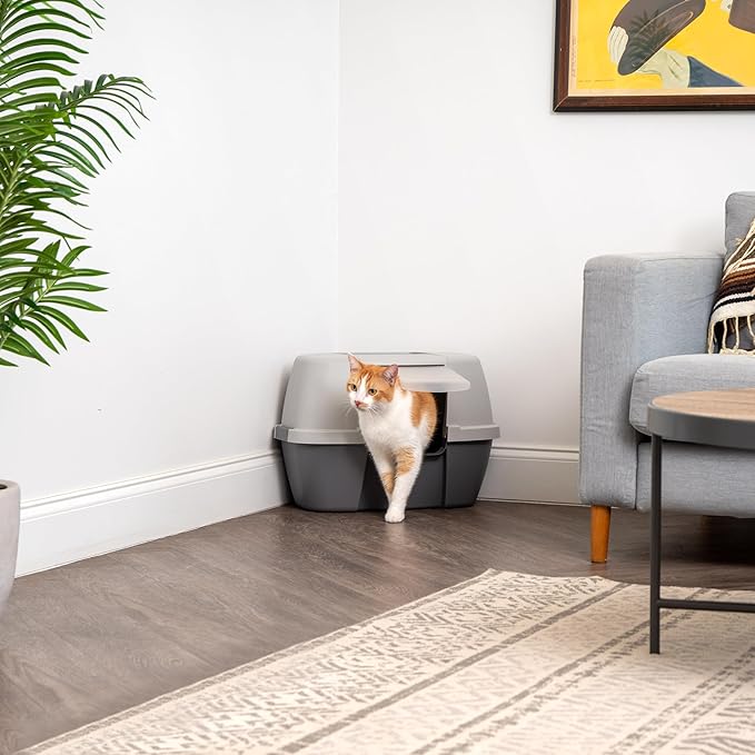 IRIS USA Cat Litter Box - Enclosed Corner Litter Box with Scoop, Hooded Litter Tray for Corners, Space-Saving Covered Litter Box, Odor Defensive, Dark Gray