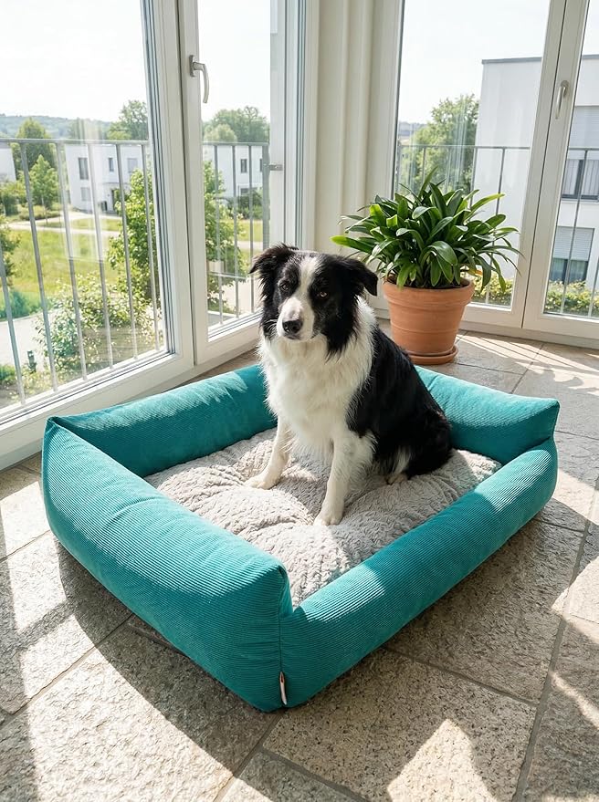 Miguel Cat and Dog Bed, Bolster, Small 20"x17"x7", Up to 10lbs, Washable, Polycotton Fill, Blue, Square, Solid