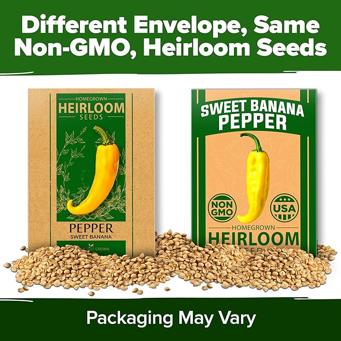 HOME GROWN Banana Pepper Seeds 94+ Heirloom Non GMO Seeds for Planting, High Germination, Sweet & Mild Peppers, Indoor Outdoor Garden, Perfect for Slicing & Pickling, High Yield (Capsicum annuum)