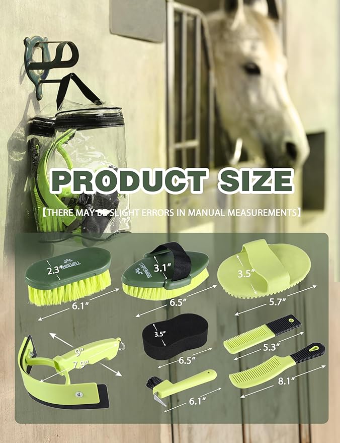 Shinewell Horse Grooming Kit, Complete Horse Brush Set, Equine Grooming Tools for Shedding & Daily Care Green