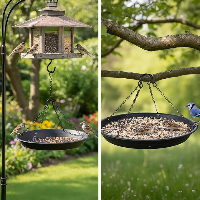 2 Sets 12.8" Bird Seed Catcher Tray Platform Bird Feeder BirdBath Large Hanging Tray Fits Seed Hoop Squirrel Feeder Bowl,Garden Patio,Wild Birds Viewing, Backyard, Birdfeeders Outside (Black)
