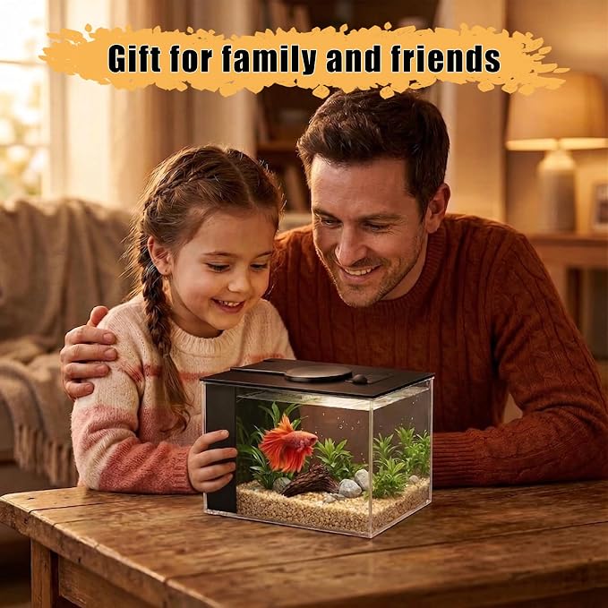 Vehipa Betta Fish Tank 1 Gal (3.7L), Acrylic Nano Aquarium Kit Black | With Water Filter Pump & LED Light, Ideal for Small Fish, Shrimp and Plants