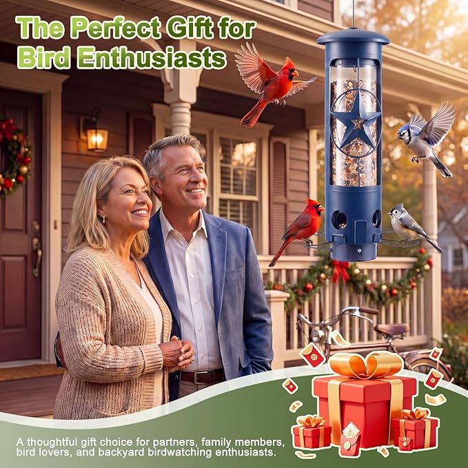 Squirrel Proof Bird Feeders for Outdoors with Weight-Activated, 3LB Large Metal Wild Bird Feeders for Cardinals,Blue Jay,Finch, Weatherproof Durable Tube Hanging Bird Feeder for Backyard,Garden,Patio
