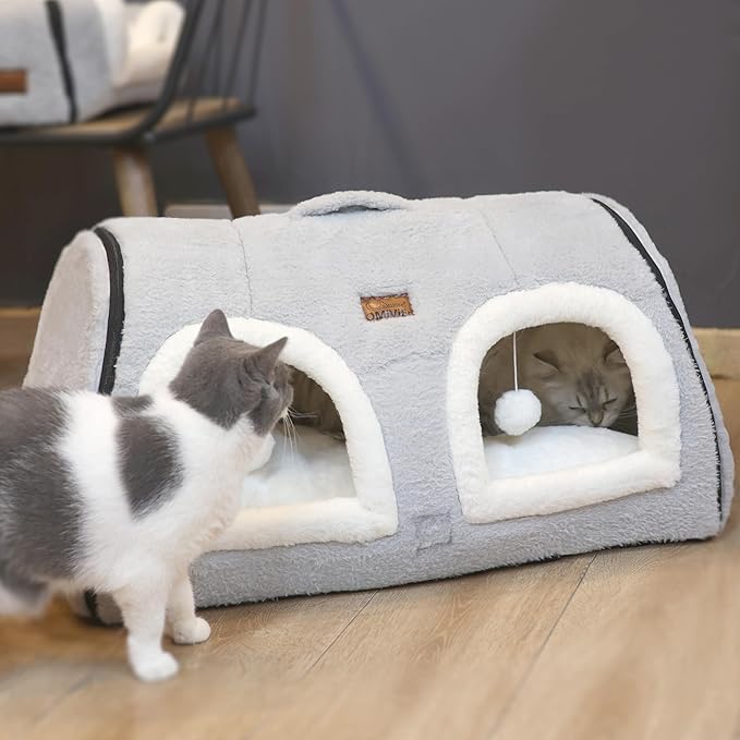 Cat Bed for Indoor Cats,Foldable cat cave,Anti-Slip & Water-Resistant Bottom,cat Houses for Indoor Cats or Small Dogs, Kitten Tent, Rabbit Double Hole Bed:(27.5"×15.3"×15"