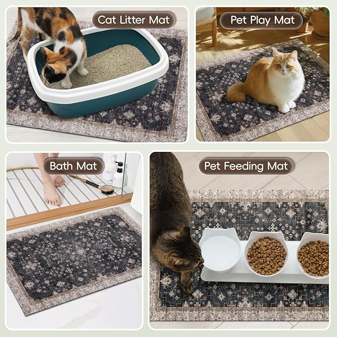 Cat Litter Mat Litter Trapping Mat, 40"x30" Waterproof Urine Proof Litter Box Mat Catcher Mat Non-Slip Washable for Kitty Kitten, Black