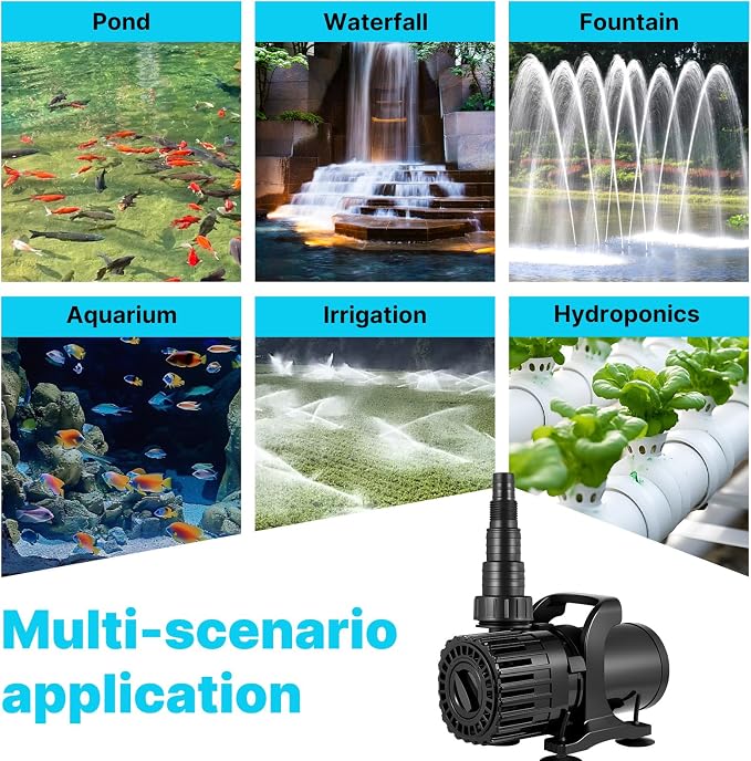 150W Pond Pump, Adjustable Flow 800-2700 GPH &18 FT Lift | Submersible Water Pump for Pond Fountain & Waterfall, 180° Rotatable Outlet, Filter Bag & 20FT Cord, Ultra-Quiet, UL Listed