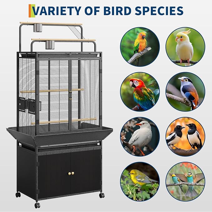 Garvee 71" H Rolling Bird Cage,Large Rolling Birdcage with Top Stand & Storage Cabinet,Black Walnut Wood Parakeet Cage for Macaw Parrot Cockatiel Budgie