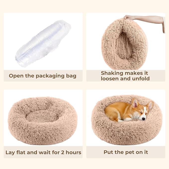 Calming Extra Large Donut Dog Bed, Round Soft Fluffy Plush Faux Fur Anti-Anxiety Washable Anti-Slip Pet Bed for Large Size Dog and Cat 32in (Camel)