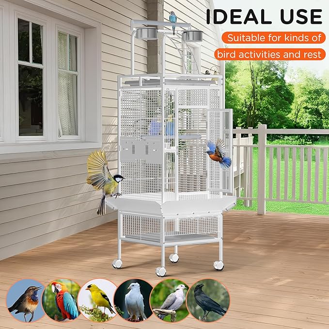 60 Inch Wrought Iron Large Bird Cage with Rolling Stand, Metal Parrot Cage with Play Top & 4 Stainless Steel Bowls for African Grey Cockatiel Sun Parakeet Green Cheek Conure Lovebird Budgie, White