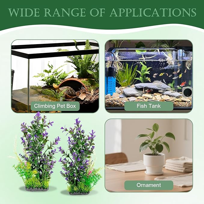 Aquarium Plants (2-Pack) Artificial Plastic Fish Fish Habitat Decor, Small to Moderate Size Aquarium Decorations, Safe Green Plants for Freshwater Tanks (Purple & Green Mix)