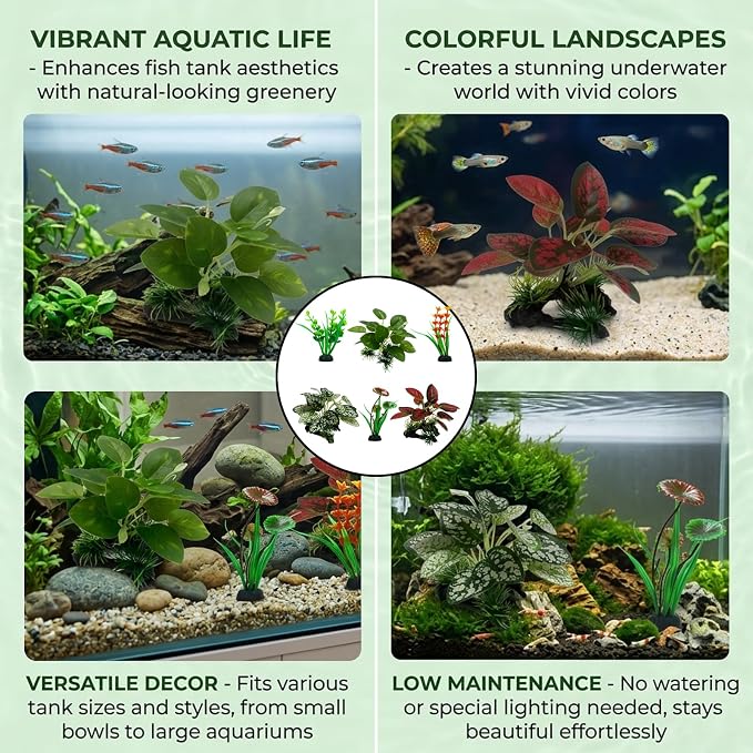 6PCS Silk Aquarium Plants, Underwater Decor Set for Fish Tanks, Silk Plants for Fish Tank, Goldfish, and Shrimp Habitats, Silk Plant Collection with Driftwood and Leaf Varieties
