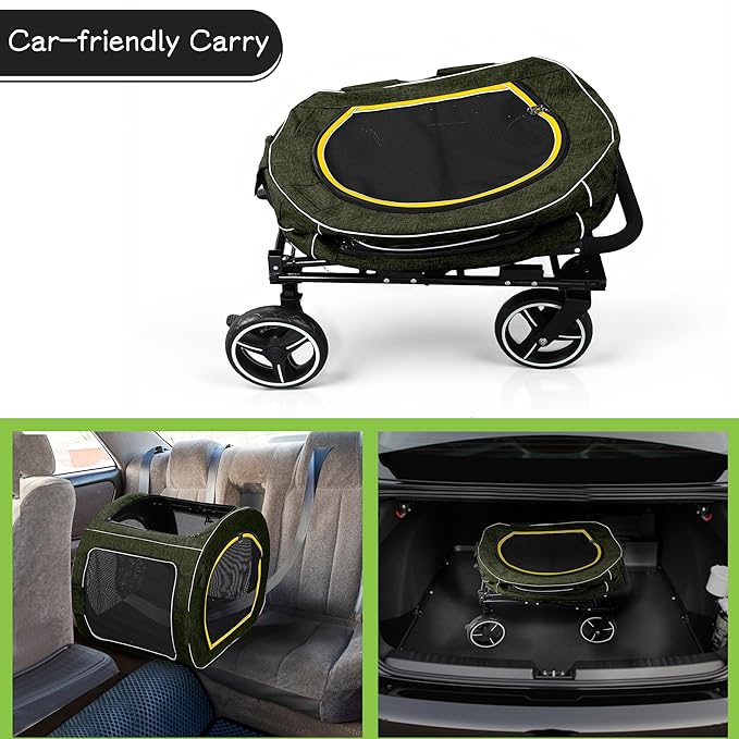 Saudism Pet Stroller for Dogs Cats up to 50 lbs, Foldable Dog Stroller with 360° Swivel Wheels, Detachable Carrier, Adjustable Handle, Travel Dog Stroller for Small Medium Large Pets, Green