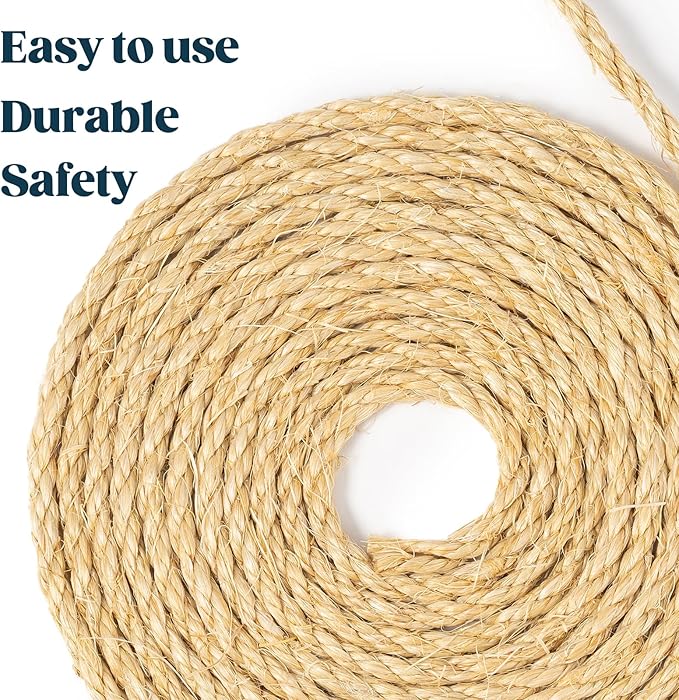 Pelzin Natural Sisal Rope for Cat Scratcher 1/4 Inch by 200 Feet, Cat Tree Rope Twine for Cat Scratching Post Replacement, Cat Tower with Scratch Post Repairing, Replace, Recovering and DIY, Natural