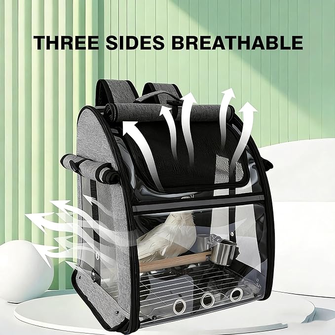 Sanmoncare Bird Carrier Backpack, Parrot Travel Bag with Stand, Stainless Steel Mesh Travel Cage for Cockatiel, Portable Bird Travel Carrier, Pet Transparent Breathable Travel Cage Large