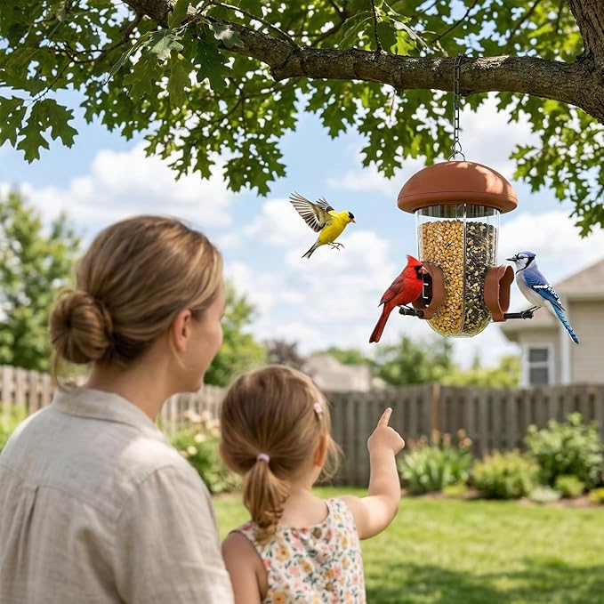 LONA Bird Feeders for Outdoors Hanging – 3 Separate Compartments, 3 Feeding Ports, Weatherproof Dome & 3 Ways to Hang, Large Capacity for Cardinals/Finches (Brown,Plus