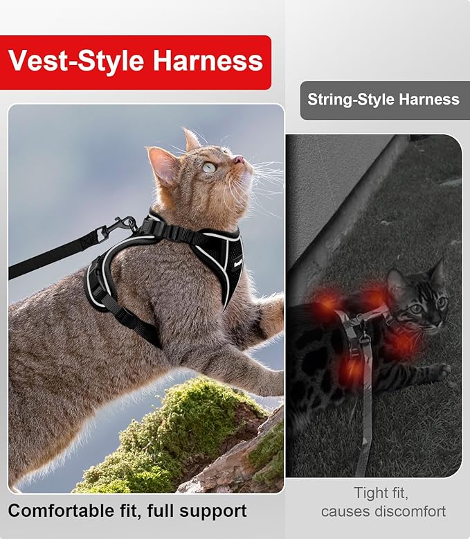 Cat Harness and Leash for Walking Escape Proof Soft Adjustable Cat Leash Breathable Comfortable Vest Easy to Wear Kitten Harness for Outdoor Travel (Black, S (7-12lb))
