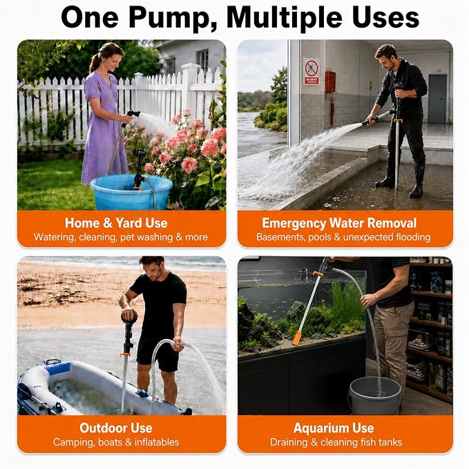 Cordless Stick Water Transfer Pump 770 GPH with 2 4.0Ah Batteries (Orange) | 2X4 Ah Batteries, 32ft Lift, 11.5 FT Hose & 8-Mode Nozzle, For Hot Tub, Pool, Basement