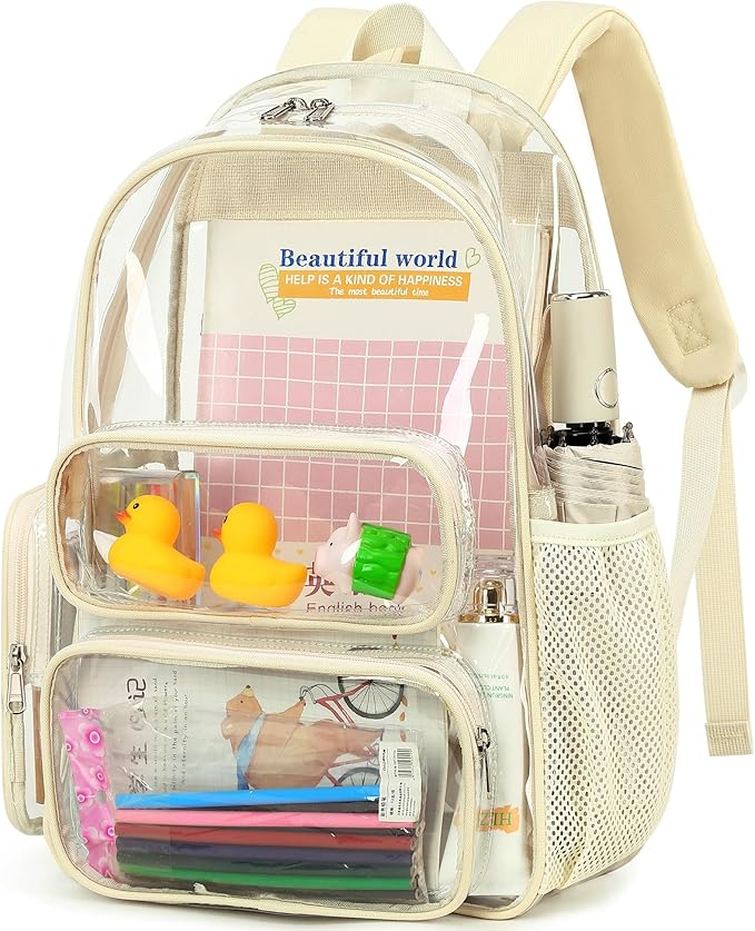 CAMTOP Clear Backpack Heavy Duty Transparent Bag for Stadium Events See Through BookBag for Student School Work Festival Sport Travel (Beige)