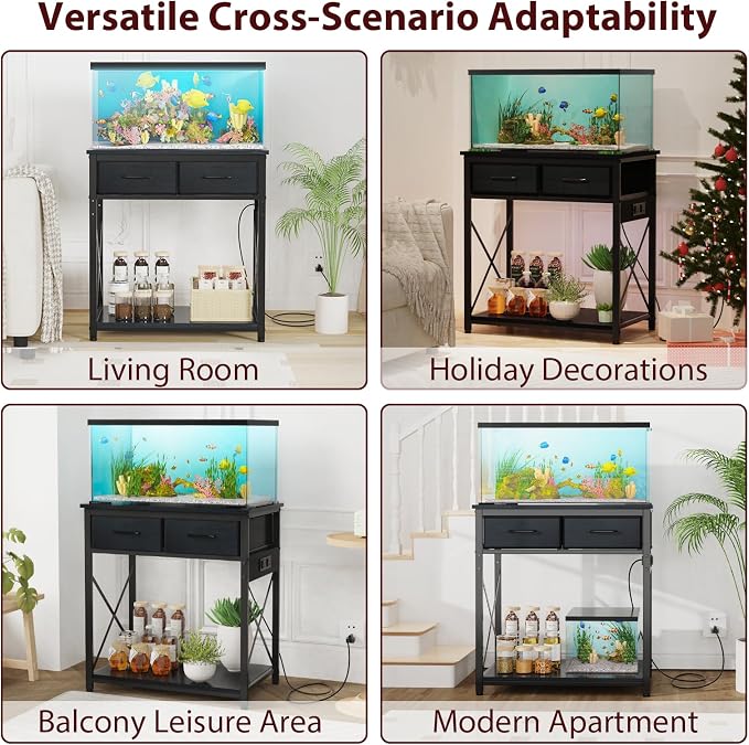 20-29-37 Gallon Fish Tank Stand, Black | Power Outlets, 2 Drawers