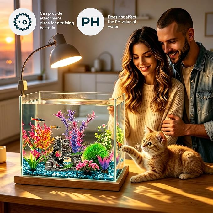 8Pcs Aquarium Decor Set, Artificial Plastic Plants and Rock Cave for Fish Tank Decorations, Goldfish Betta Fish Tank Accessories Supplies Realistic Small Large Fish Bowl Ornaments