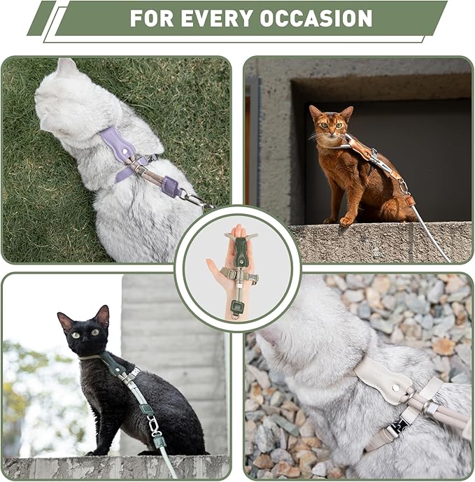 ETIAL Premium Adjustable Escape-Proof Cat Harness & Leash Set with Leather Sliding Back, 4.3ft Nylon Rope, Cross-Strap, Heavy-Duty Buckles for Secure Walking (Buckwheat Gray, Back Length 3.5”-4.7”)