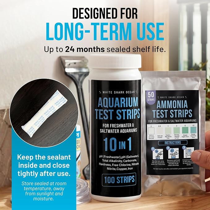 Aquarium Test Strips 11 in 1 | 150 Strips (100 x 10-in-1 + 50 Ammonia) | Tests pH, Ammonia, Nitrate, Nitrite & More | Freshwater & Saltwater Fish Tank Water Test Kit | 60-Second Results
