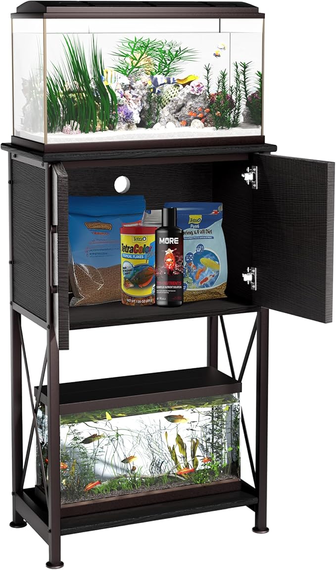 Herture 5-10 Gallon Fish Tank Stand, Metal Double Aquarium Stand with Cabinet for Fish Tank Accessories Storage, Heavy Duty 20.5" L* 11.02" W Tabletop, 500LBS Capacity Black PG06YGB