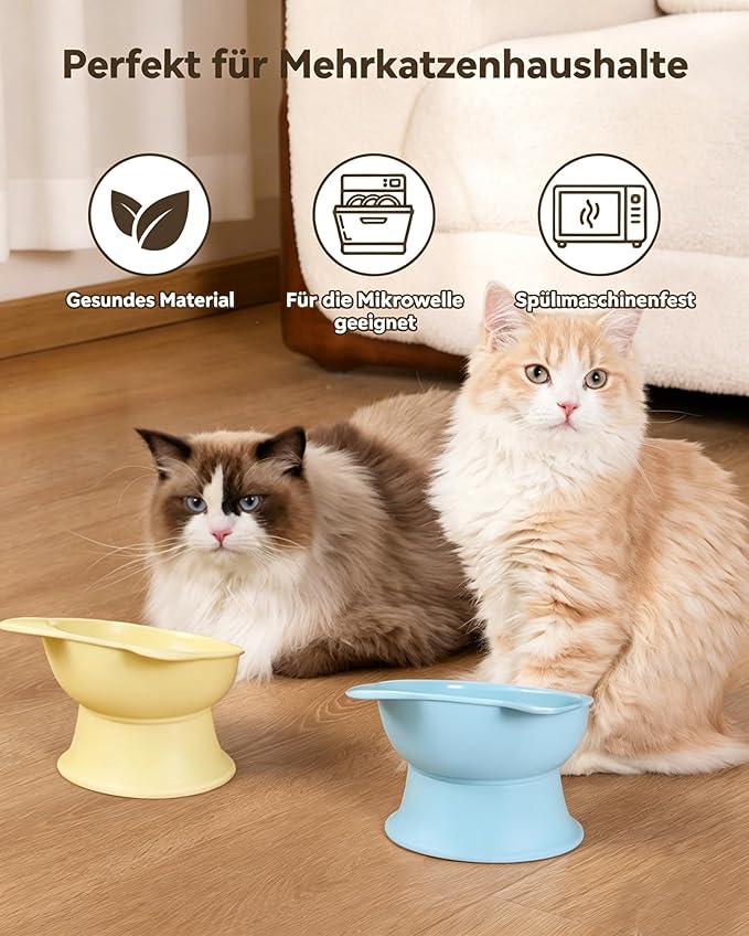 MateeyLife Elevated Cat Bowls, 2P Raised Food and Water Bowl Set for Indoor Cats & Small Dogs, Whisker Fatigue Cat Bowl, Anti Vomit Feeding Pet Bowls, 6 oz Each, Dishwasher Safe - Blue & Yellow