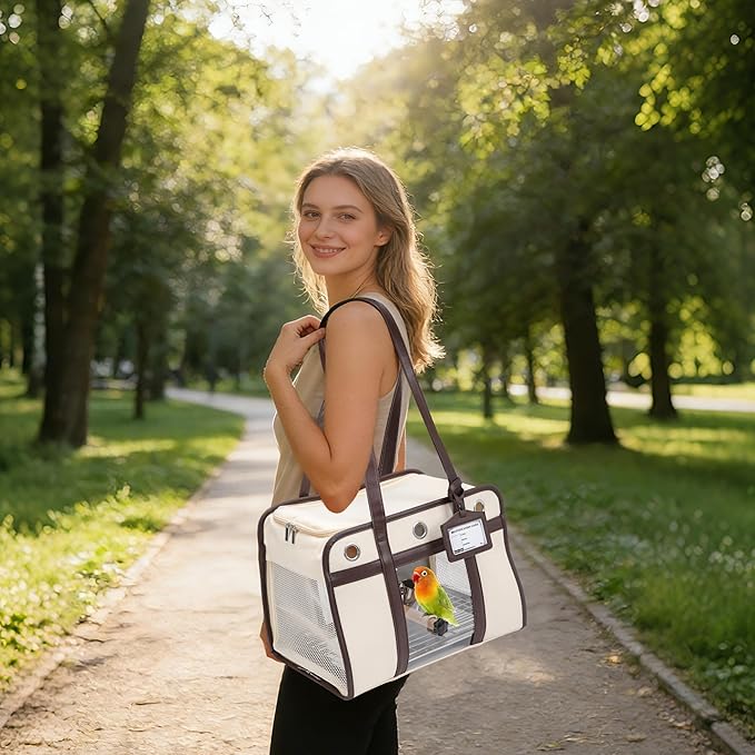 Sanmoncare Stylish Bird Carrier with PU Leather Handle, Portable Travel Cage for Cockatiels & Conures, Lightweight Parrot Bag with Stainless Steel Tray, Vet Visit, White