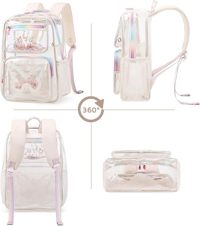 Clear Backpack for Girls,Clear Bookbag Heavy Duty Transparent Backpacks for Stadium Events, See Through Back Pack for Kindergarten Elementary Middle High School (Beige)