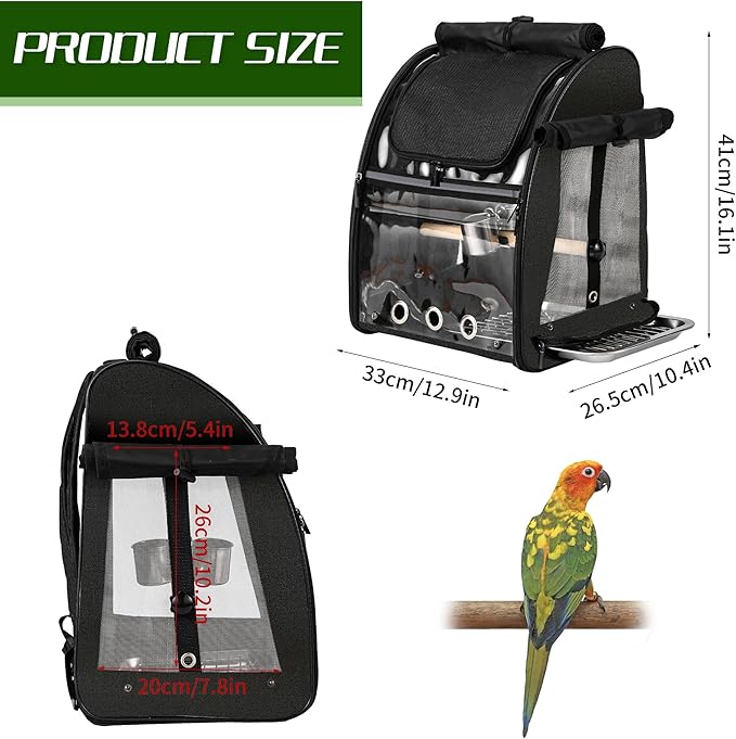 Bird Carrier Bag with Indestructible Stainless Steel Mesh, Bird Travel Cage with Stand, Easy to Clean Backpack for Parrot, Portable Bird Travel Bag, Black
