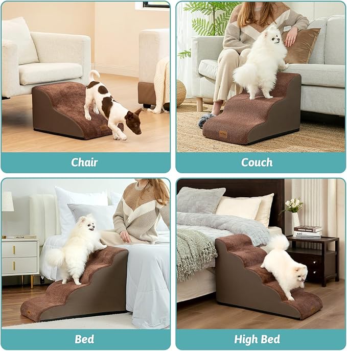 COZY KISS Dog Stairs for Small Dogs 11.8" H, Pet Step with Leakproof Cover, High Density Foam Cat Ramp for Chair or Sofa, Lightweight, Durable, Comfort, 15.7x19.7x11.8 inch, 2 Step, Brown
