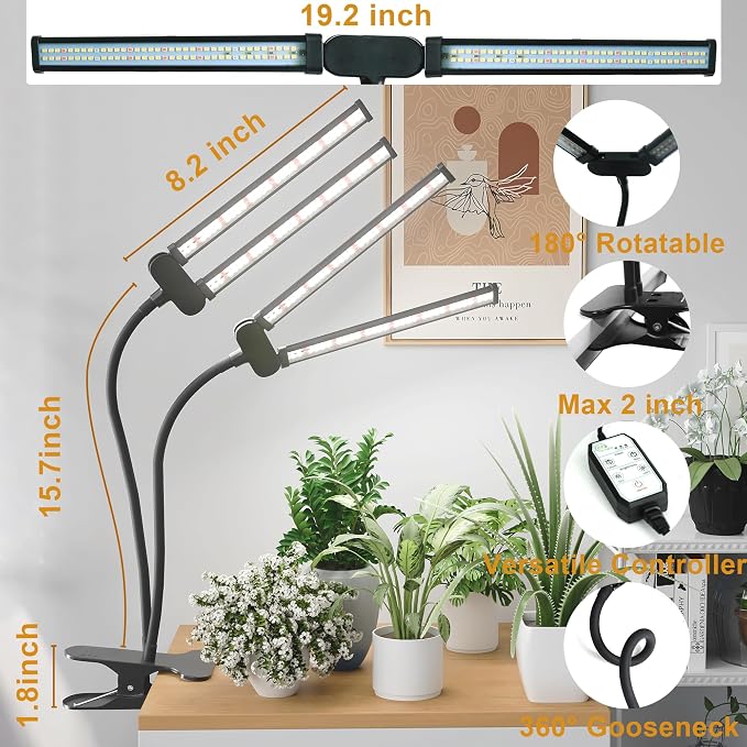 LED Grow Light,Super Bright 6000K White Full Spectrum Clip Plant Growing Lamp with Rotatable Dual Head for Indoor Desk Plants,Dimmable & Timer 4/8/12H,High Power Output for Faster Growth,2-Head