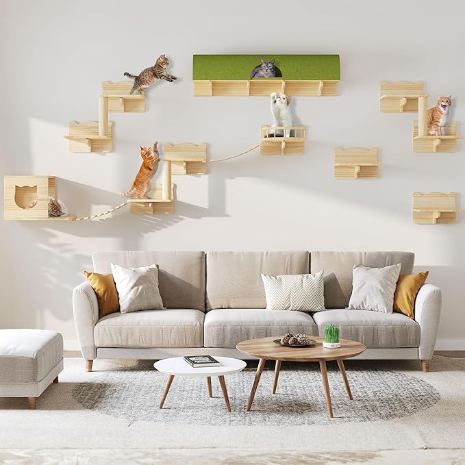 16-in-1 Cat Wall Shelves, Multi-Level Solid Wood Cat Furniture for Wall, Floating Cats Wall Shelves Set, Cat Climbing Wall Systems with Scratching Post & Tunnel, Floor Space-Saving, Burlywood
