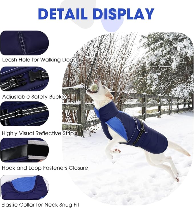 Nanaki Large Dog Coat Rainproof-Warm Giant Breed Dog Jacket With Leash Hole, Fleece Lining Reflective Great Dane Winter Coat Doberman Jacket For Cold Weather Outdoor Walking Hunting, Camping, Blue 3XL