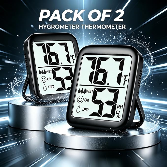 2 Pack Room Thermometer Indoor Hygrometer | Monitor Temperature & Humidity, Accurate, Fast Read, Easy To View, Magnetic/Kickstand/Hanging, ℉/℃, w/ Battery, Compact