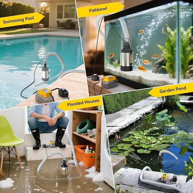 Ecarke Cordless Submersible Water Pump Compatible with Dewalt 20V Battery, 1268GPH Brushless High Flow Sump Pump with 6.5ft Hose, Portable Electric Water Pump for Swimming Pool Draining (Tool Only)