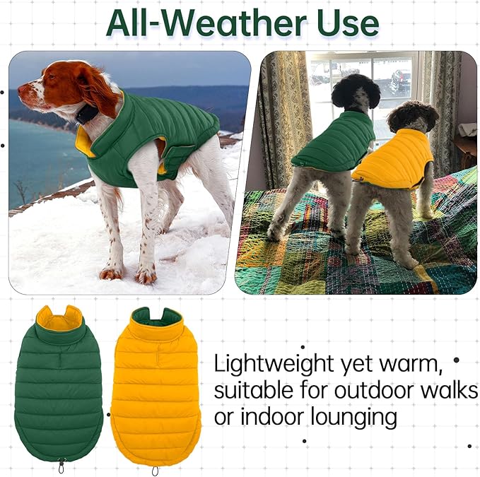 Lelepet Reversible Dog Coat Waterproof Dog Jacket Windproof Puffer Vest for Winter Warm Lightweight Coats for Medium Dogs Adjustbale Hook & Loop Pet Apparel with Leash Hole, French Bulldog, Green L