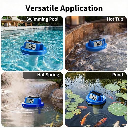 Pool Thermometer Floating, Digital Swimming Pool Thermometer, IPX8 Waterproof with Double Sided Display for Pond, Hot Tub, Aquarium (Solar Powered, Dark Blue)