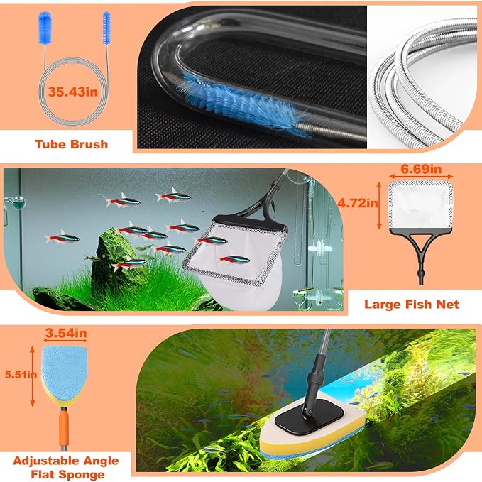 7-in-1 Aquarium Cleaning Tool, Fish Tank Cleaner with Telescopic Handle | Aquariums Scraper,Adjustable Angle Brush,Gravel Rake,Plant Fork, Flat Sponge,Large Fishes Net,Hose Brushes