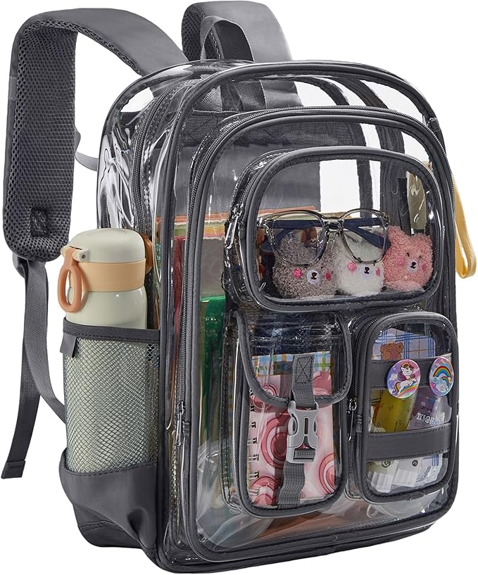 Grey Clear Backpack Heavy Duty, Large Clear Bookbag for Boys Girls Adult, See Through Book Bag Transparent Backpacks with Multiple Pockets for School College Work Casual