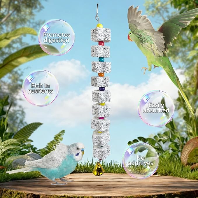 PINVNBY 3 Pack Bird Chewing Toy Lava Calcium Bird Beak Grinding Stone with Bell Hanging Parakeet Cage Accessories for Parrots Budgies Cockatiels African Grey (9 Block Per String)