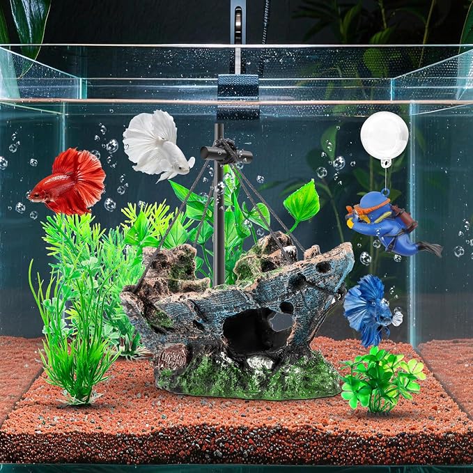 CousDUoBe 6 Pack Little Diver Floating Fish Tank Decoration,Mini Floating Submarine Aquarium Plants Sunken Ship Decoration — Safe Resin Fish Tank Decor for Betta, Shrimp (5.3 x 2.5 x 4.5 inches)